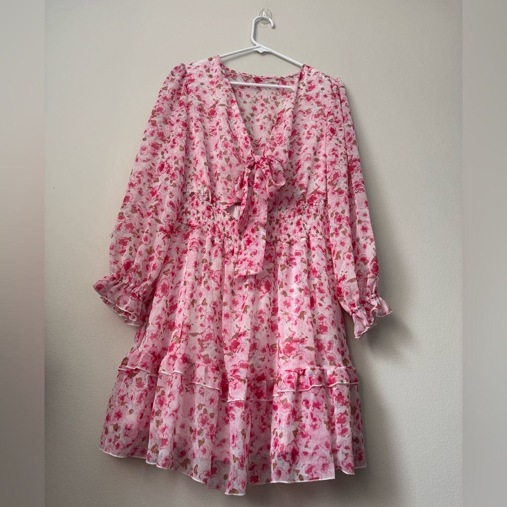Pink Deep V-Neck Lantern Sleeve Knotted Tired Mini Dress Pink Size L - Picture 2 of 9
